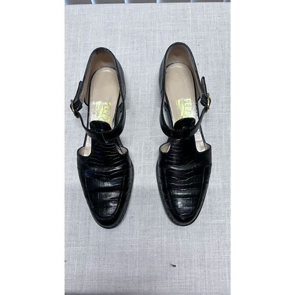 SALVATORE FERRAGAMO CUT OUT BLACK CROC LEATHER SHOES SANDALS SIZE 7.5 AAA - Picture 2 of 13
